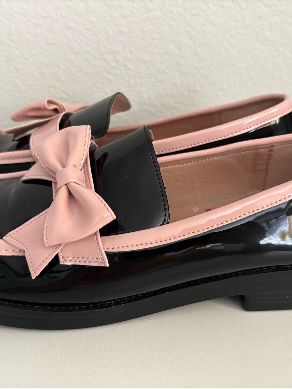 Patent Black Loafers with Pink Trim & Bow